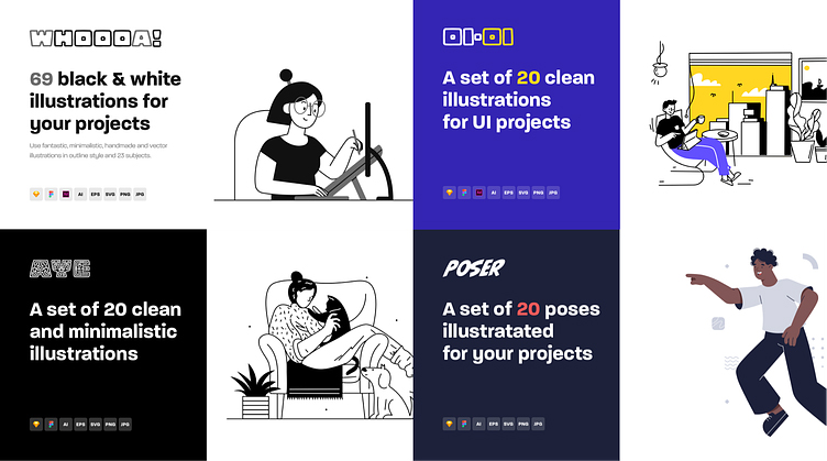 Free Illustrations Clubでは、150種類近いユル系イラストをダウンロードできる